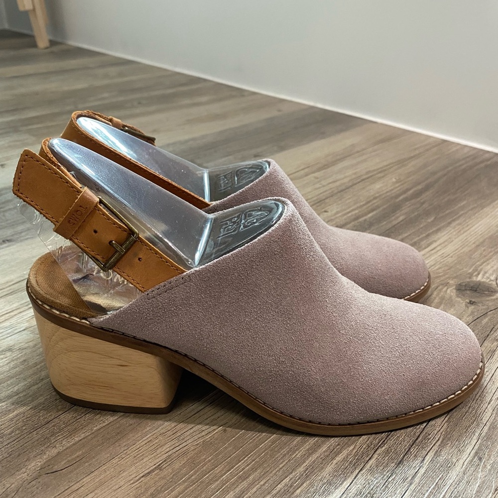 Toms Gray Suede and Tan Leather Mules with Block Heel. Leila Mule.